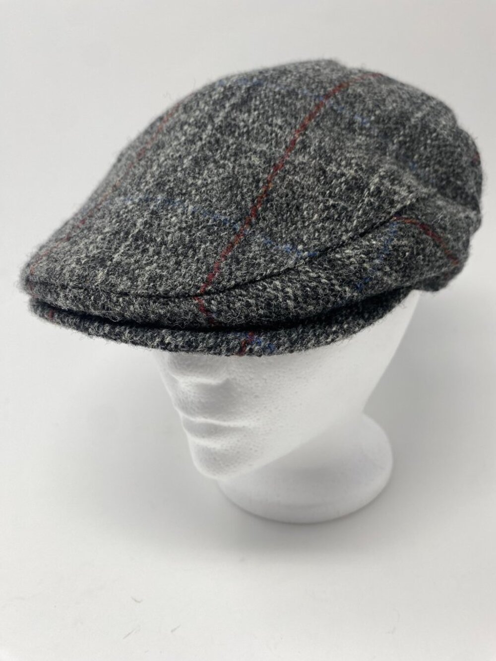 Harris Tweed Flat Cap Hat Cabbie Newsboy Wool Size 7 M Gray Red Plaid Vintage